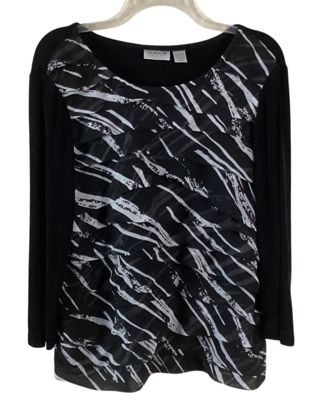 Chico's Travelers Black & White Long-Sleeve Chiffon Ruffle Front Blouse Large